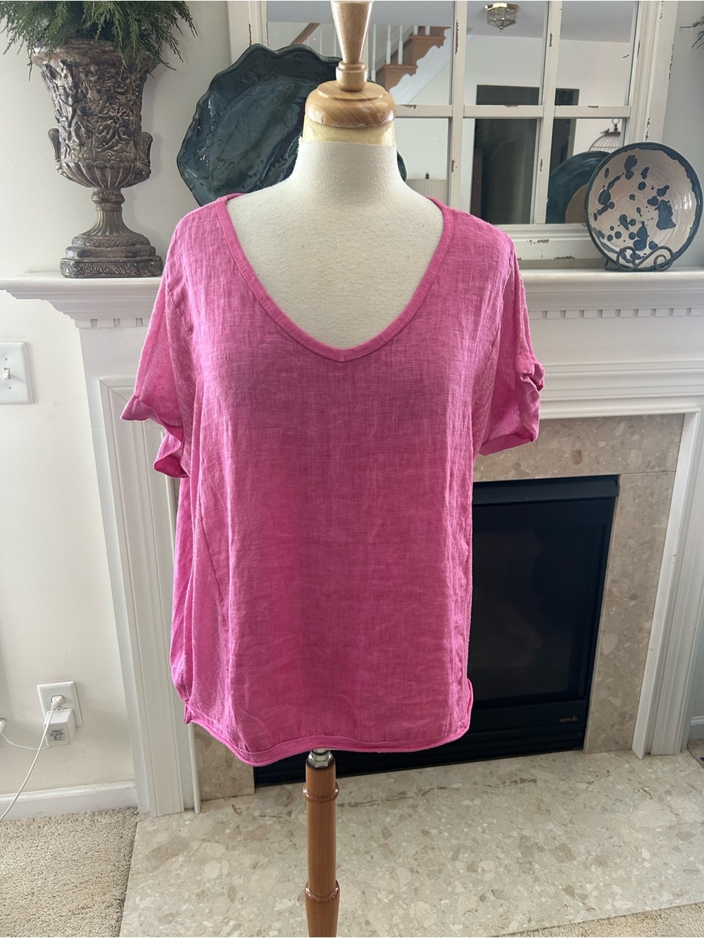 Belle France Pink V-Neck Lightweight Linen Top